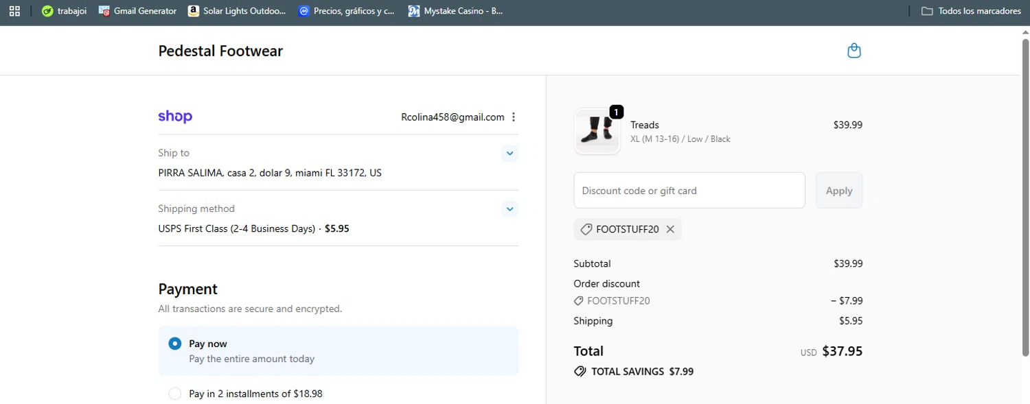 Pedestal Footwear promo code screenshot showing code FOOTSTUFF20 applied at Pedestal Footwear checkout page. Uploaded by SimplyCodes community member Acidwire on Nov 17, 2025