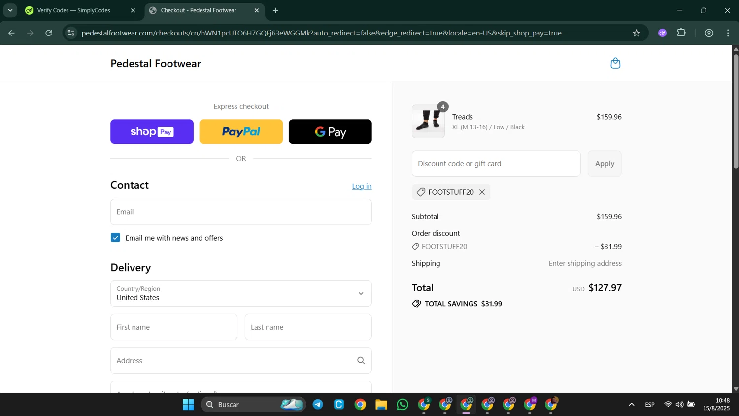 Pedestal Footwear promo code screenshot showing code FOOTSTUFF20 applied at Pedestal Footwear checkout page. Uploaded by SimplyCodes community member LuckyElite8069 on Aug 15, 2025