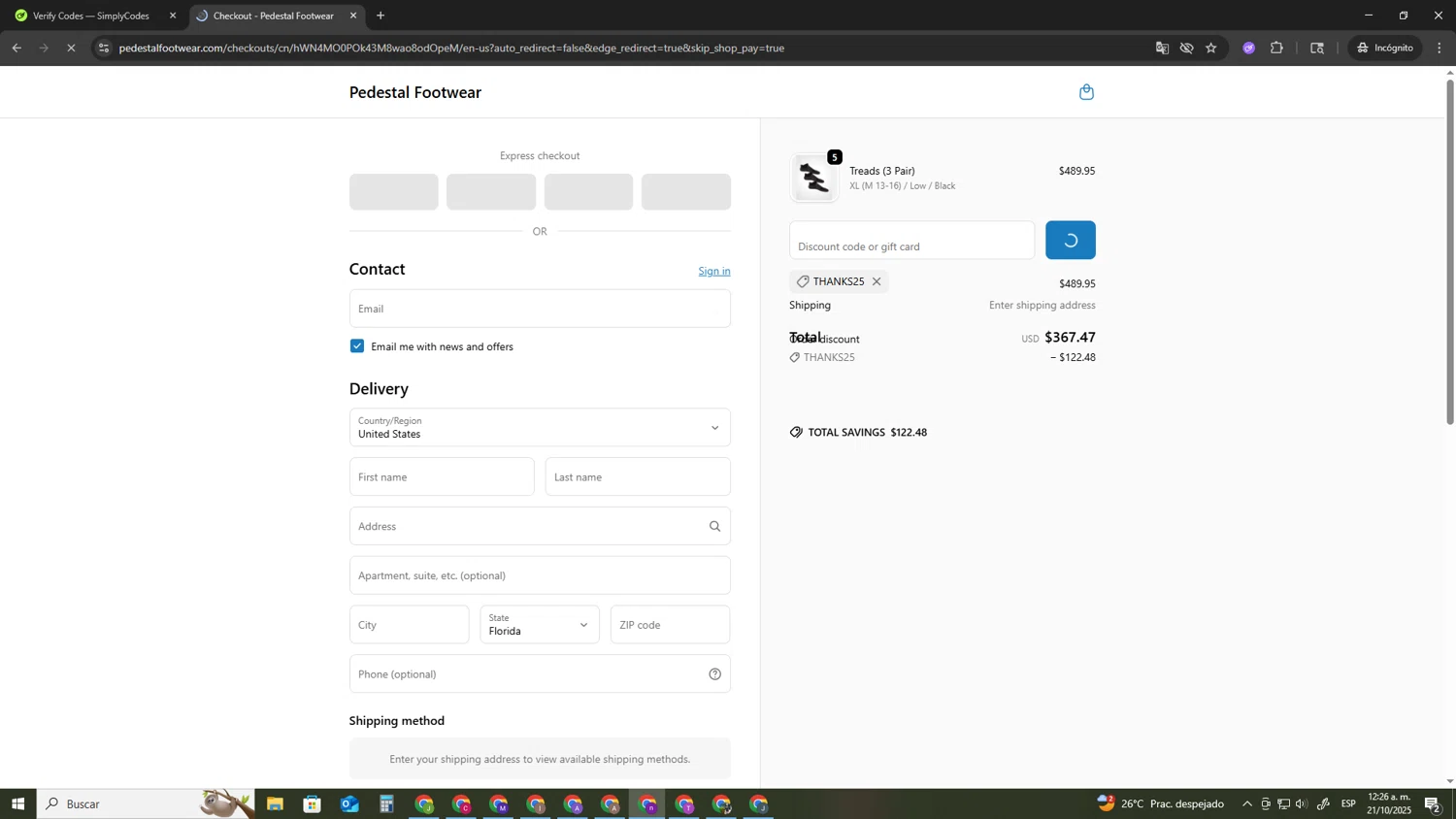 Pedestal Footwear promo code screenshot showing code THANKS25 applied at Pedestal Footwear checkout page. Uploaded by SimplyCodes community member AVAMUSTANG on Oct 21, 2025