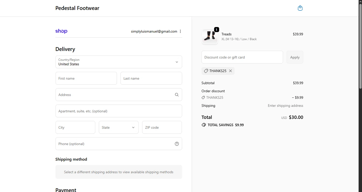 Pedestal Footwear promo code screenshot showing code THANKS25 applied at Pedestal Footwear checkout page. Uploaded by SimplyCodes community member WoskalJR on Sep 19, 2025