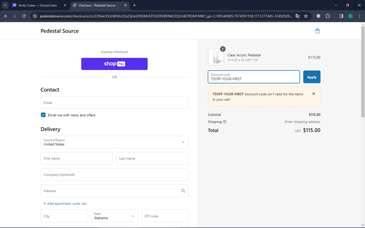 Pedestal Source checkout page showing Pedestal Source discount code box | Screenshot taken by SimplyCodes community member on Mar 24, 2024