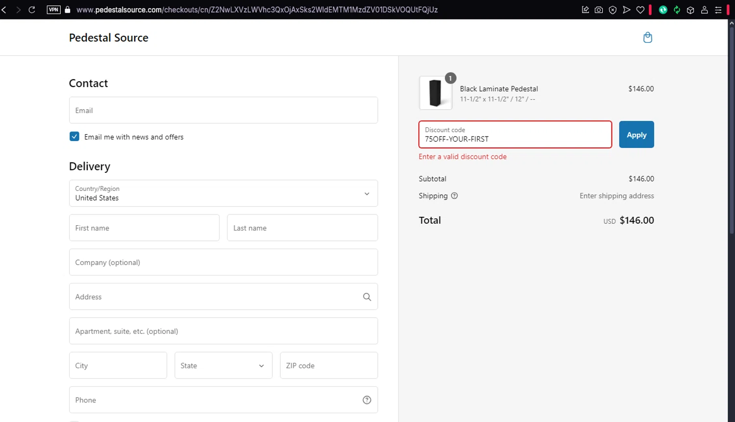 Pedestal Source discount code screenshot showing code 75OFF-YOUR-FIRST applied at Pedestal Source checkout page. Uploaded by SimplyCodes community member dtavoplomeria on Feb 3, 2025
