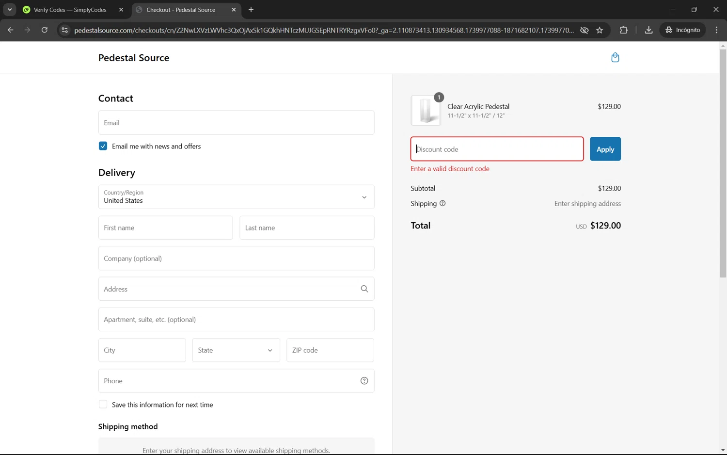 Pedestal Source discount code screenshot showing code 75OFF-YOUR-FIRST applied at Pedestal Source checkout page. Uploaded by SimplyCodes community member juan1702 on Feb 19, 2025