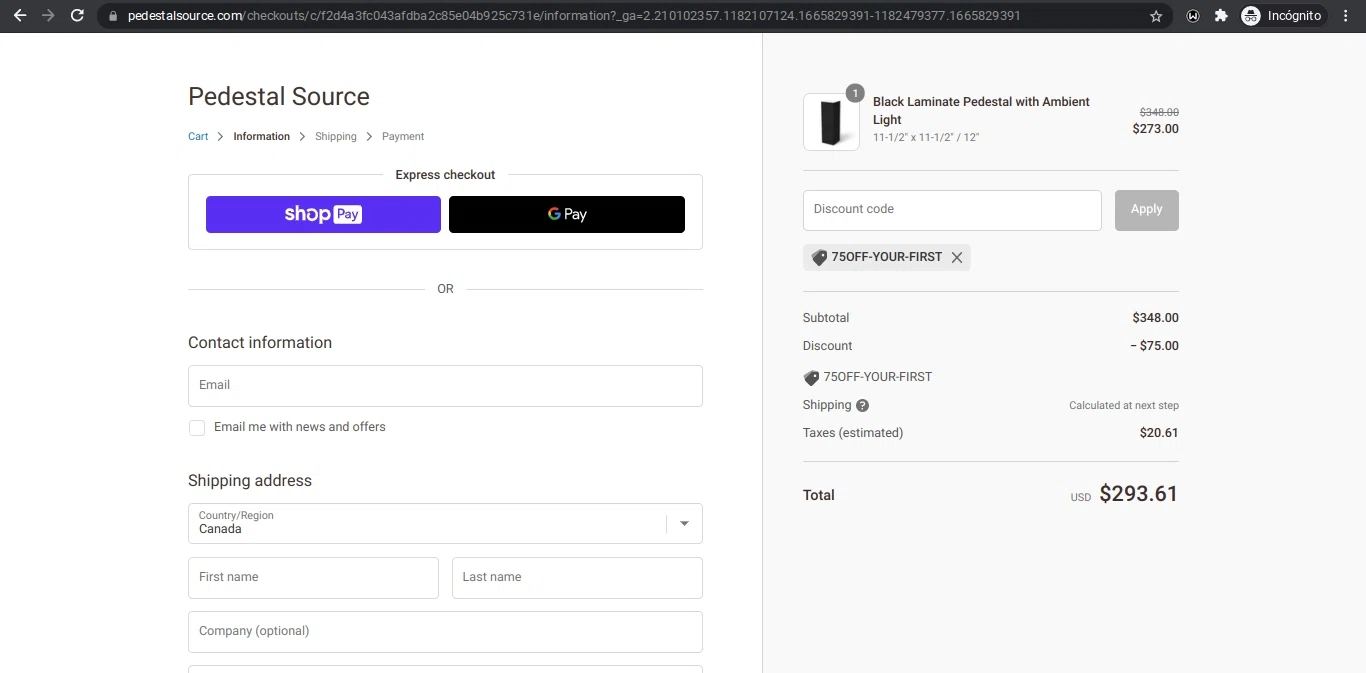 Pedestal Source checkout page showing Pedestal Source discount code box | Screenshot taken by SimplyCodes community member on Oct 15, 2022