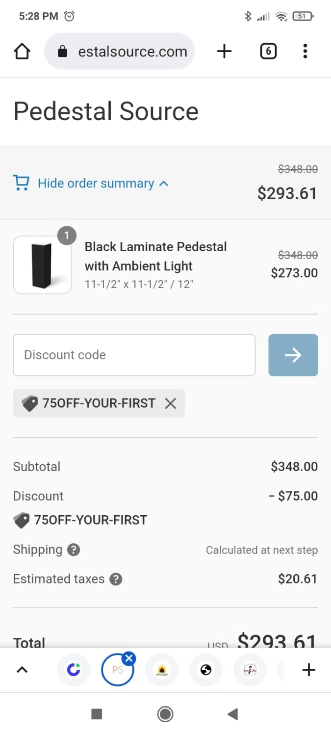 Pedestal Source checkout page showing Pedestal Source discount code box | Screenshot taken by SimplyCodes community member on Dec 27, 2022