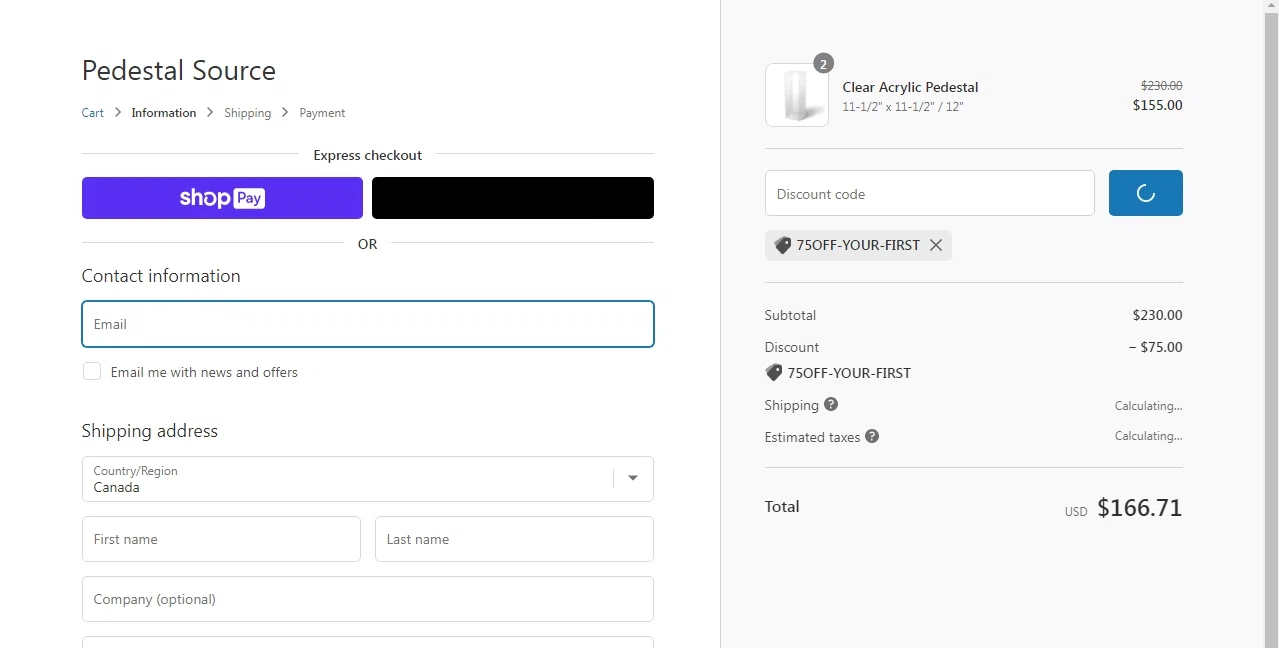 Pedestal Source checkout page showing Pedestal Source discount code box | Screenshot taken by SimplyCodes community member on Nov 13, 2022