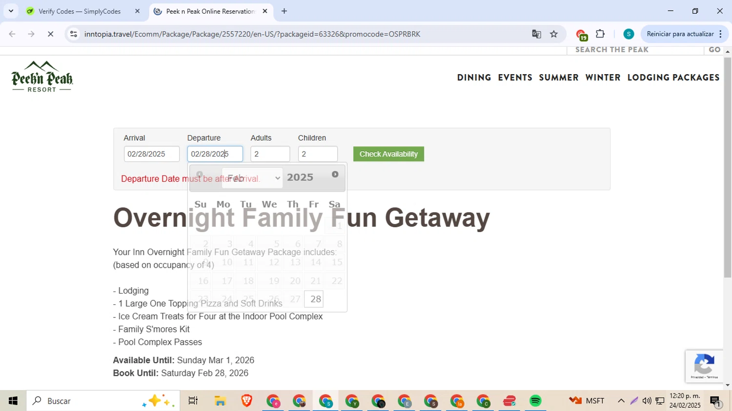 Peek'n Peak Resort promo code screenshot showing code BOOKEARLY applied at Peek'n Peak Resort checkout page. Uploaded by SimplyCodes community member ExtraordinarySeeker8039 on Feb 24, 2025