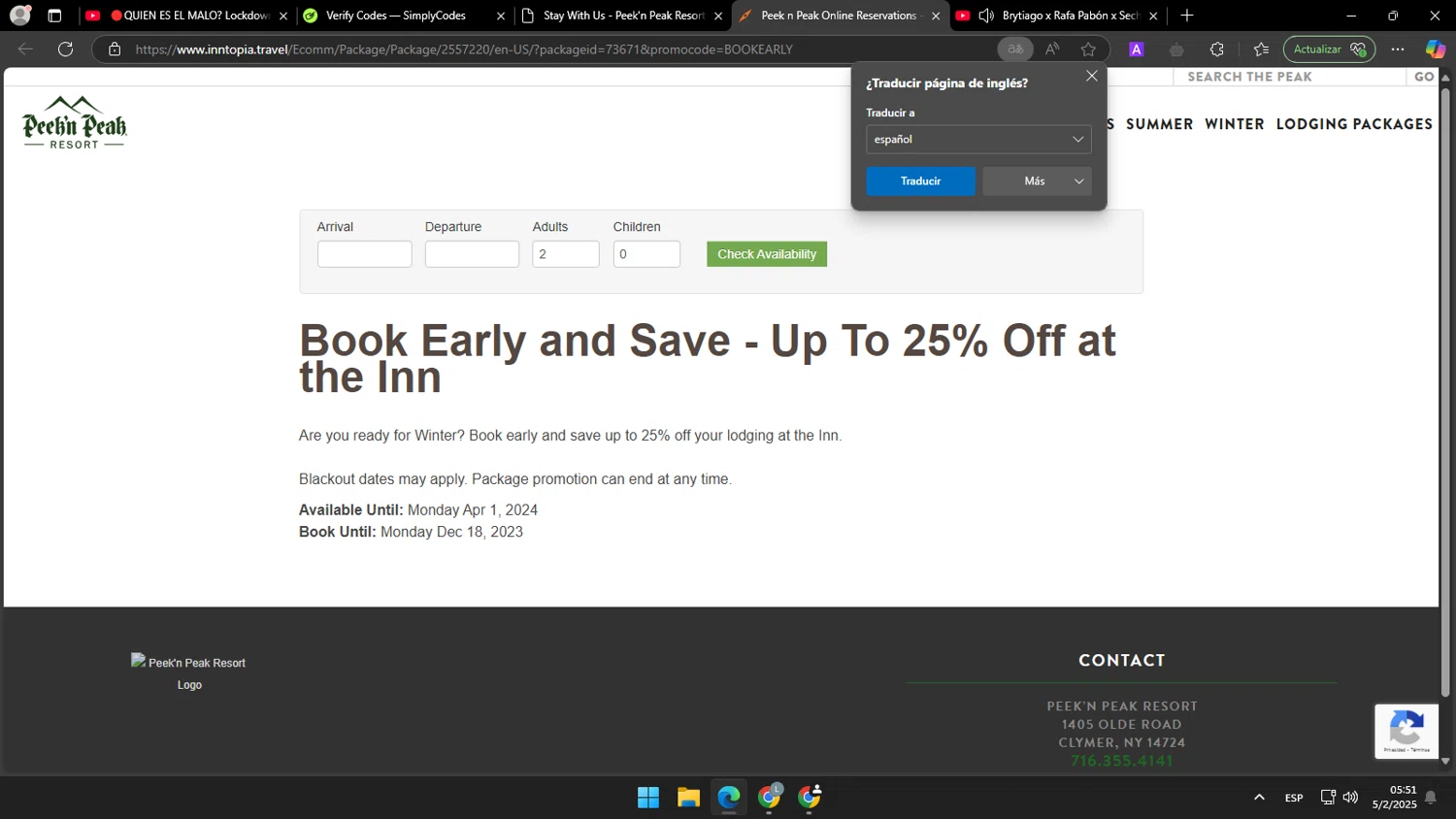 Peek'n Peak Resort promo code screenshot showing code BOOKEARLY applied at Peek'n Peak Resort checkout page. Uploaded by SimplyCodes community member tonikros on Feb 5, 2025