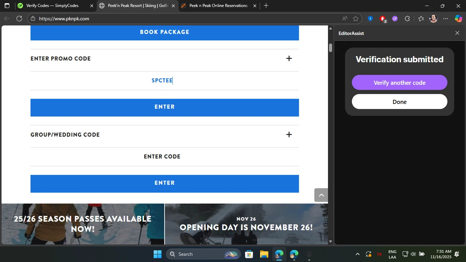 Peek'n Peak Resort promo code screenshot showing code spctee applied at Peek'n Peak Resort checkout page. Uploaded by SimplyCodes community member Blackleg_Sanji on Nov 16, 2025