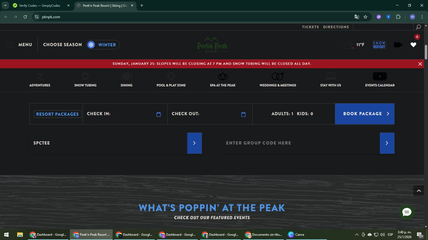 Peek'n Peak Resort checkout page showing Peek'n Peak Resort promo code box | Screenshot taken by SimplyCodes community member on Jan 25, 2026