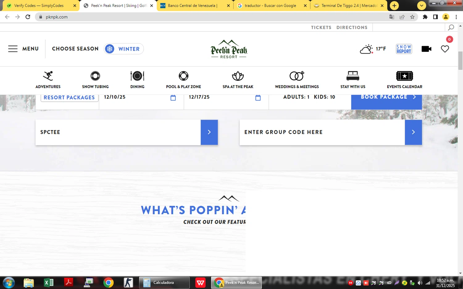 Peek'n Peak Resort checkout page showing Peek'n Peak Resort promo code box | Screenshot taken by SimplyCodes community member on Dec 31, 2025