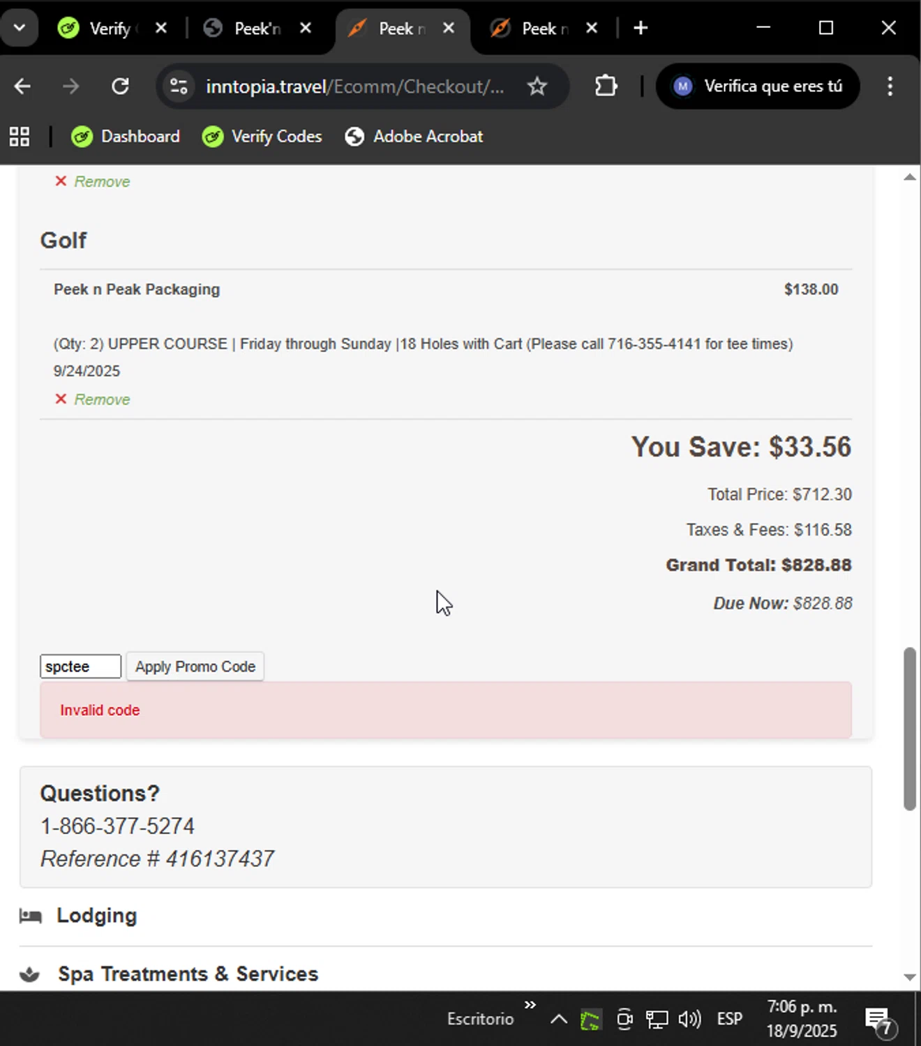 Peek'n Peak Resort promo code screenshot showing code spctee applied at Peek'n Peak Resort checkout page. Uploaded by SimplyCodes community member Ramsesimply00 on Sep 18, 2025