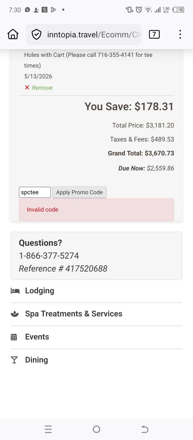 Peek'n Peak Resort promo code screenshot showing code spctee applied at Peek'n Peak Resort checkout page. Uploaded by SimplyCodes community member danyx_gx on Nov 16, 2025