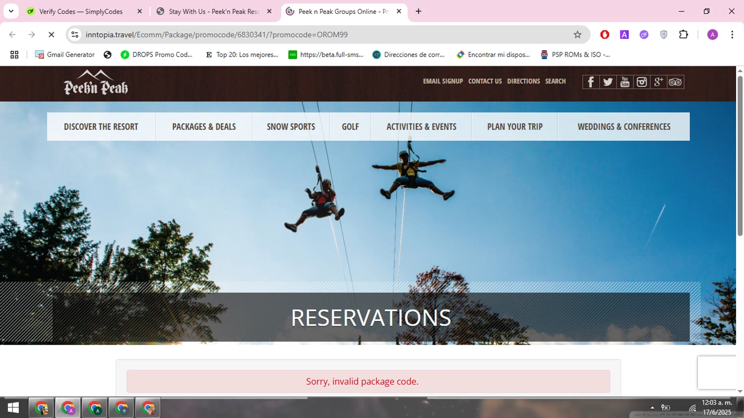 Peek'n Peak Resort promo code screenshot showing code OROM99 applied at Peek'n Peak Resort checkout page. Uploaded by SimplyCodes community member ARCANGEL on Jun 17, 2025
