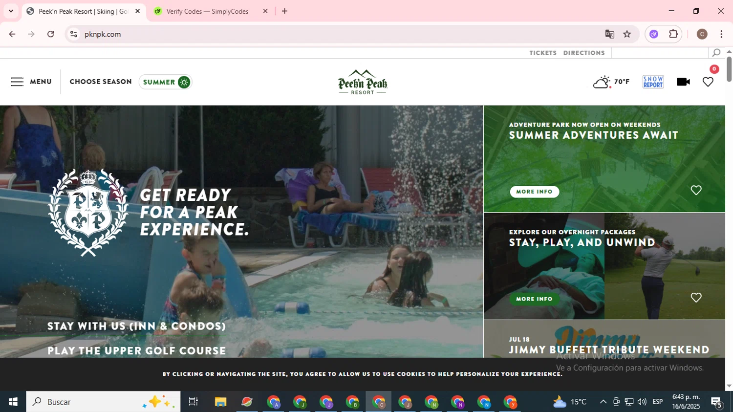 Peek'n Peak Resort promo code screenshot showing code OROM99 applied at Peek'n Peak Resort checkout page. Uploaded by SimplyCodes community member eliholuiscampos1 on Jun 17, 2025