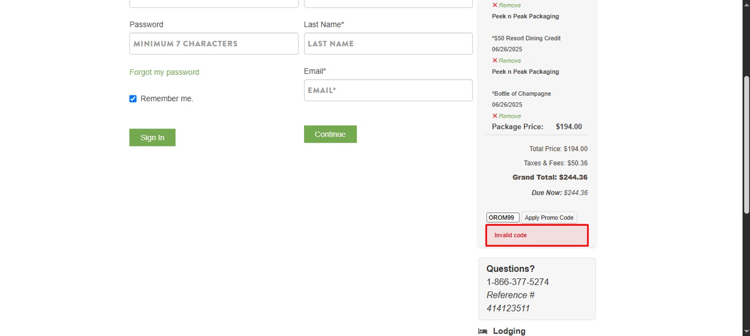 Peek'n Peak Resort promo code screenshot showing code OROM99 applied at Peek'n Peak Resort checkout page. Uploaded by SimplyCodes community member noworries on Jun 17, 2025