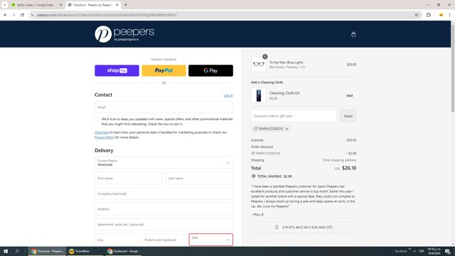 Peepers Reading Glasses checkout page showing Peepers Reading Glasses promo code box | Screenshot taken by SimplyCodes community member on Aug 17, 2024