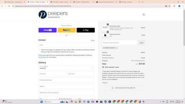 Peepers Reading Glasses checkout page showing Peepers Reading Glasses promo code box | Screenshot taken by SimplyCodes community member on Aug 25, 2024