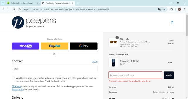 Peepers Reading Glasses checkout page showing Peepers Reading Glasses promo code box | Screenshot taken by SimplyCodes community member on Sep 30, 2024
