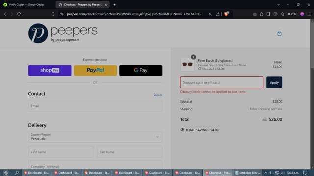 Peepers Reading Glasses checkout page showing Peepers Reading Glasses promo code box | Screenshot taken by SimplyCodes community member on Sep 30, 2024