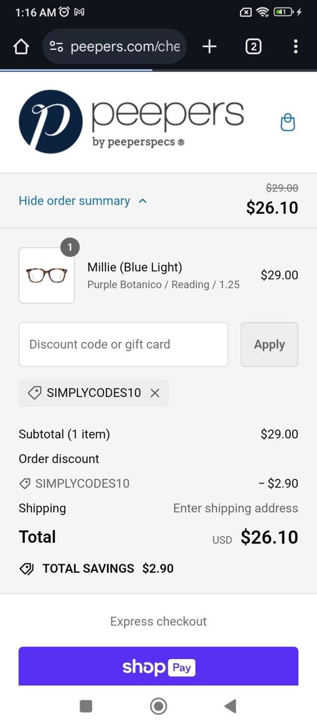 Peepers Reading Glasses checkout page showing Peepers Reading Glasses promo code box | Screenshot taken by SimplyCodes community member on Sep 10, 2024
