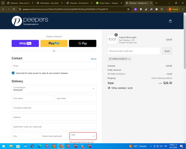 Peepers Reading Glasses checkout page showing Peepers Reading Glasses promo code box | Screenshot taken by SimplyCodes community member on Jul 20, 2024