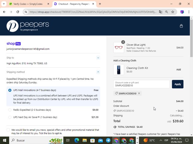 Peepers Reading Glasses checkout page showing Peepers Reading Glasses promo code box | Screenshot taken by SimplyCodes community member on Jun 5, 2024