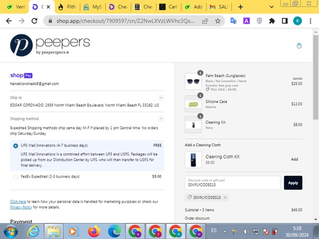 Peepers Reading Glasses checkout page showing Peepers Reading Glasses promo code box | Screenshot taken by SimplyCodes community member on Sep 30, 2024