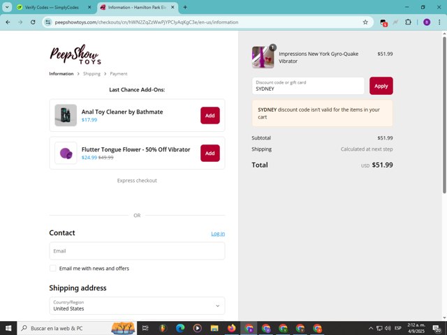 Peepshow Toys checkout page showing Peepshow Toys discount code box | Screenshot taken by SimplyCodes community member on Sep 4, 2025