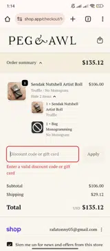 Peg and Awl coupon verification screenshot