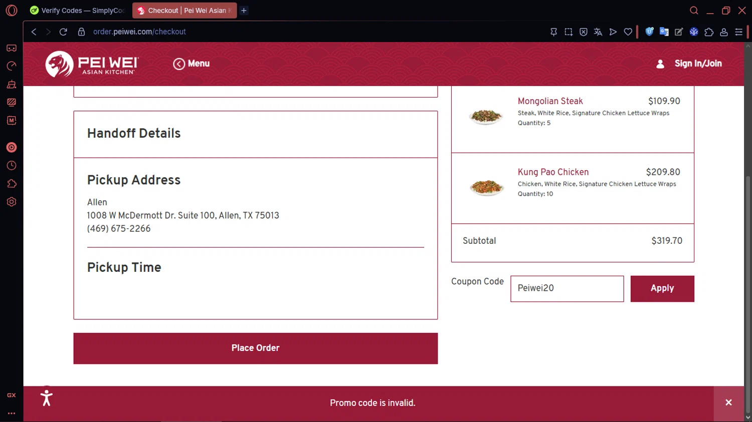 Pei Wei Asian Eatery promo code screenshot showing code Peiwei20 applied at Pei Wei Asian Eatery checkout page. Uploaded by SimplyCodes community member MoneySentinel1166 on Feb 1, 2026