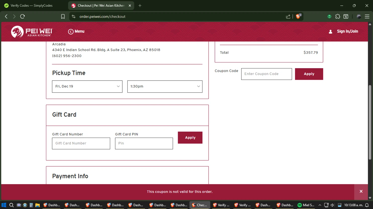 Pei Wei Asian Eatery promo code screenshot showing code Peiwei20 applied at Pei Wei Asian Eatery checkout page. Uploaded by SimplyCodes community member Phoenix on Dec 19, 2025
