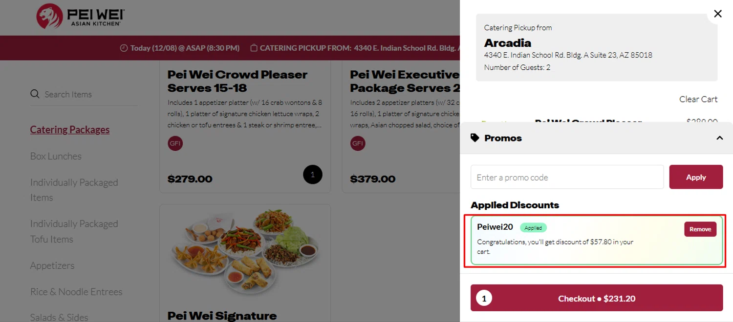 Pei Wei Asian Eatery checkout page showing Pei Wei Asian Eatery promo code box | Screenshot taken by SimplyCodes community member on Dec 8, 2025