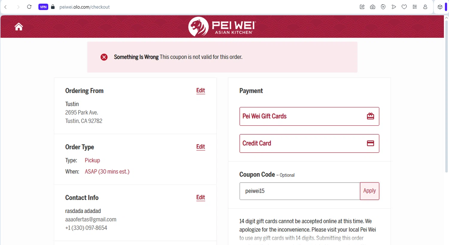 Pei Wei Asian Eatery promo code screenshot showing code peiwei15 applied at Pei Wei Asian Eatery checkout page. Uploaded by SimplyCodes community member rafaelmarquez on Nov 5, 2025