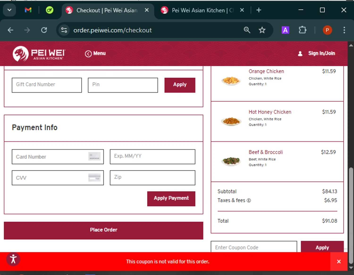Pei Wei Asian Eatery promo code screenshot showing code 10off applied at Pei Wei Asian Eatery checkout page. Uploaded by SimplyCodes community member Isabelle_adjanichamber on Apr 11, 2025