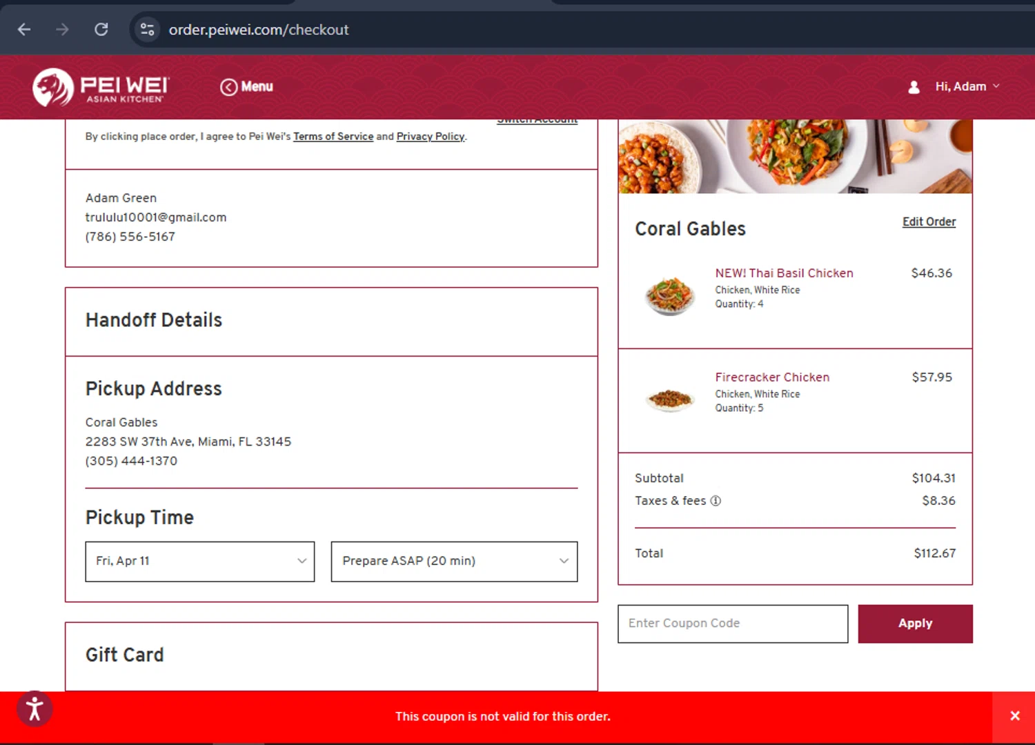 Pei Wei Asian Eatery promo code screenshot showing code 10off applied at Pei Wei Asian Eatery checkout page. Uploaded by SimplyCodes community member six_eyes on Apr 11, 2025