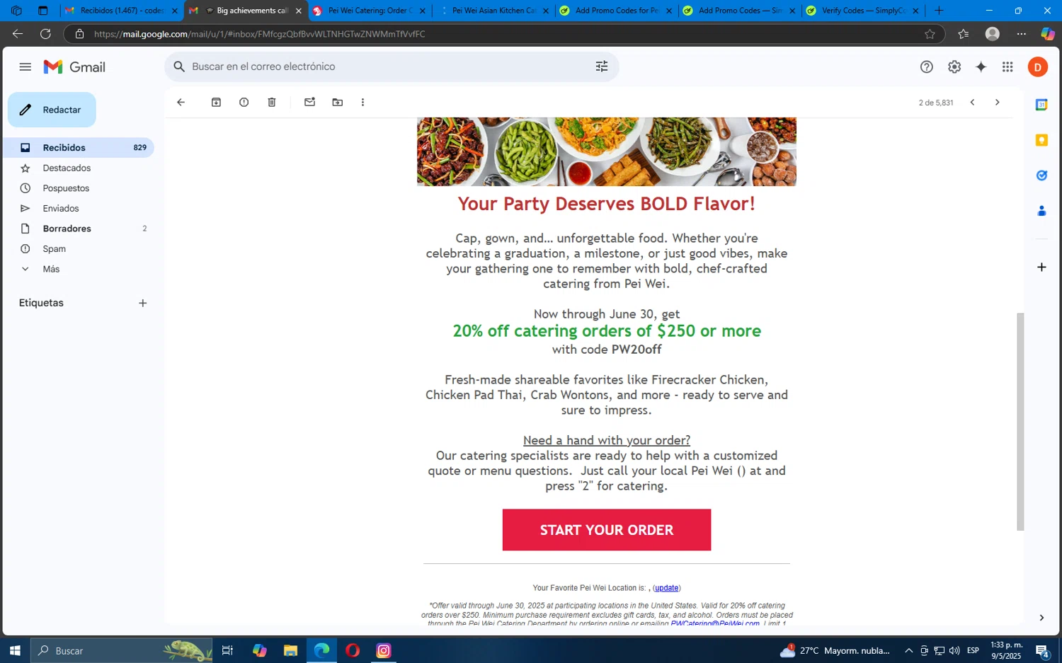 Pei Wei Asian Eatery promo code screenshot showing code PW20off applied at Pei Wei Asian Eatery checkout page. Uploaded by SimplyCodes community member Mdeoca on May 9, 2025
