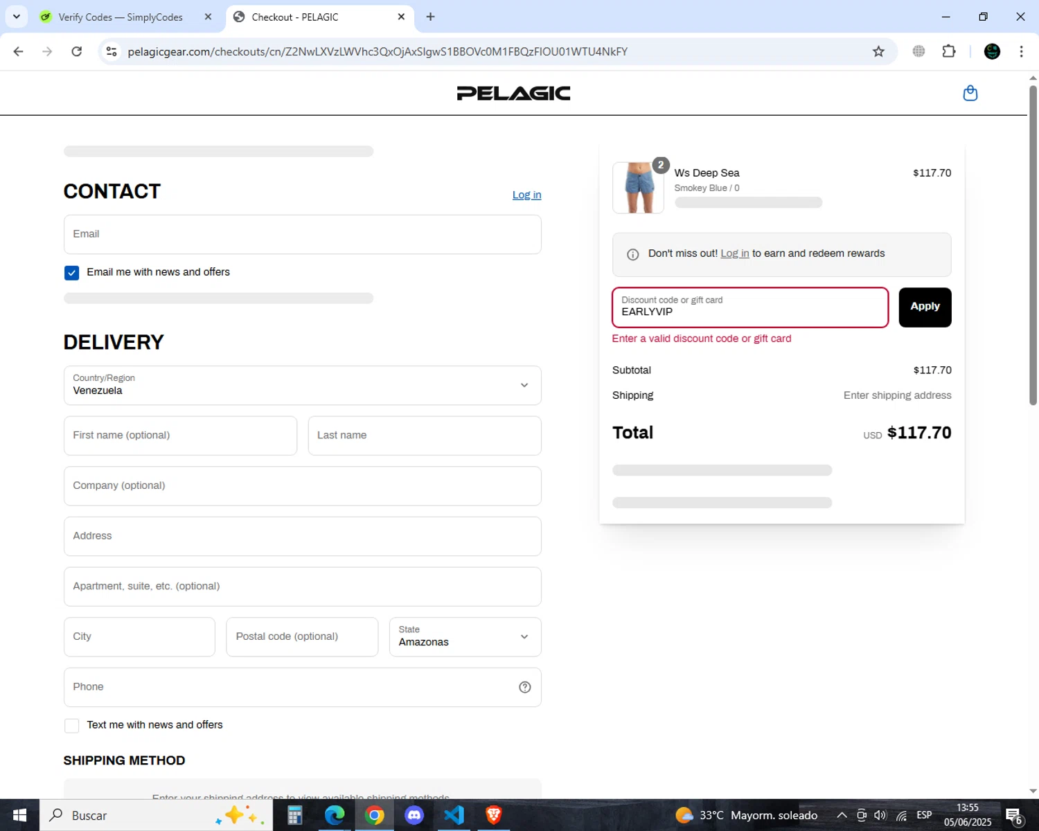 Pelagic Gear promo code screenshot showing code EARLYVIP applied at Pelagic Gear checkout page. Uploaded by SimplyCodes community member MoneyGenius452 on Jun 5, 2025