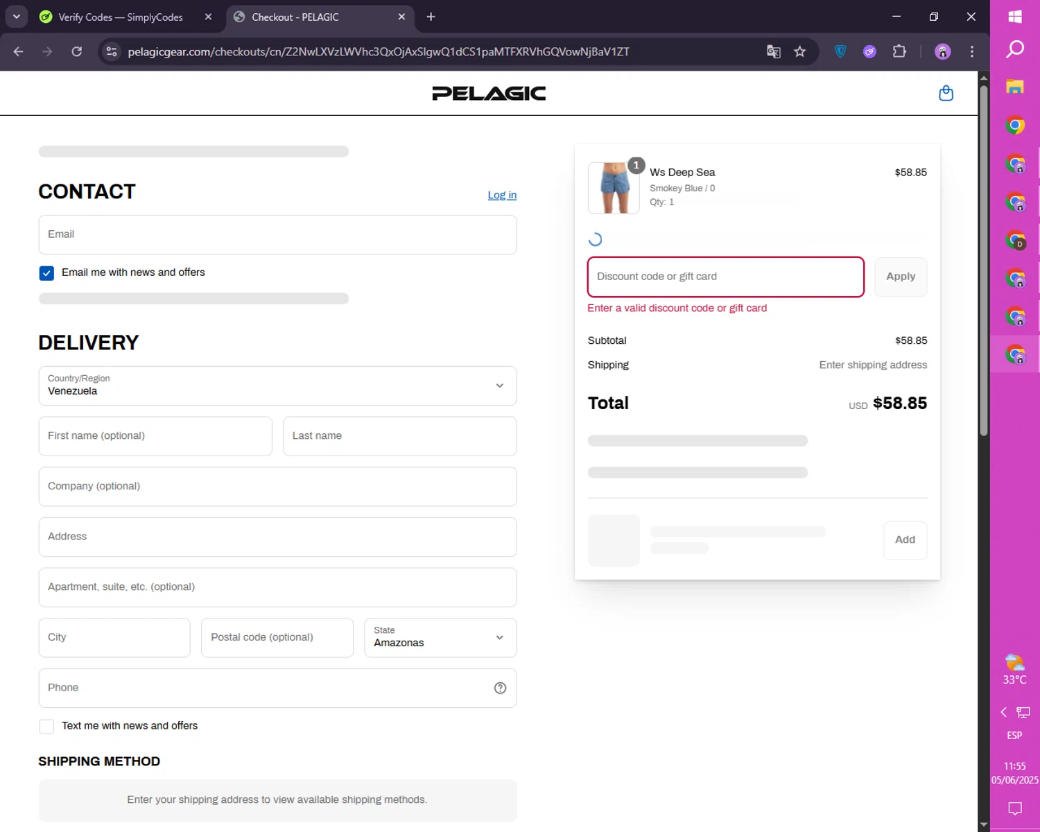 Pelagic Gear promo code screenshot showing code EARLYVIP applied at Pelagic Gear checkout page. Uploaded by SimplyCodes community member SmartLion1183 on Jun 5, 2025