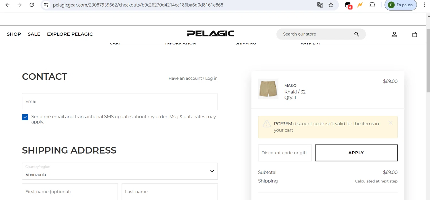 Pelagic Gear checkout page showing Pelagic Gear promo code box | Screenshot taken by SimplyCodes community member on Jul 4, 2024