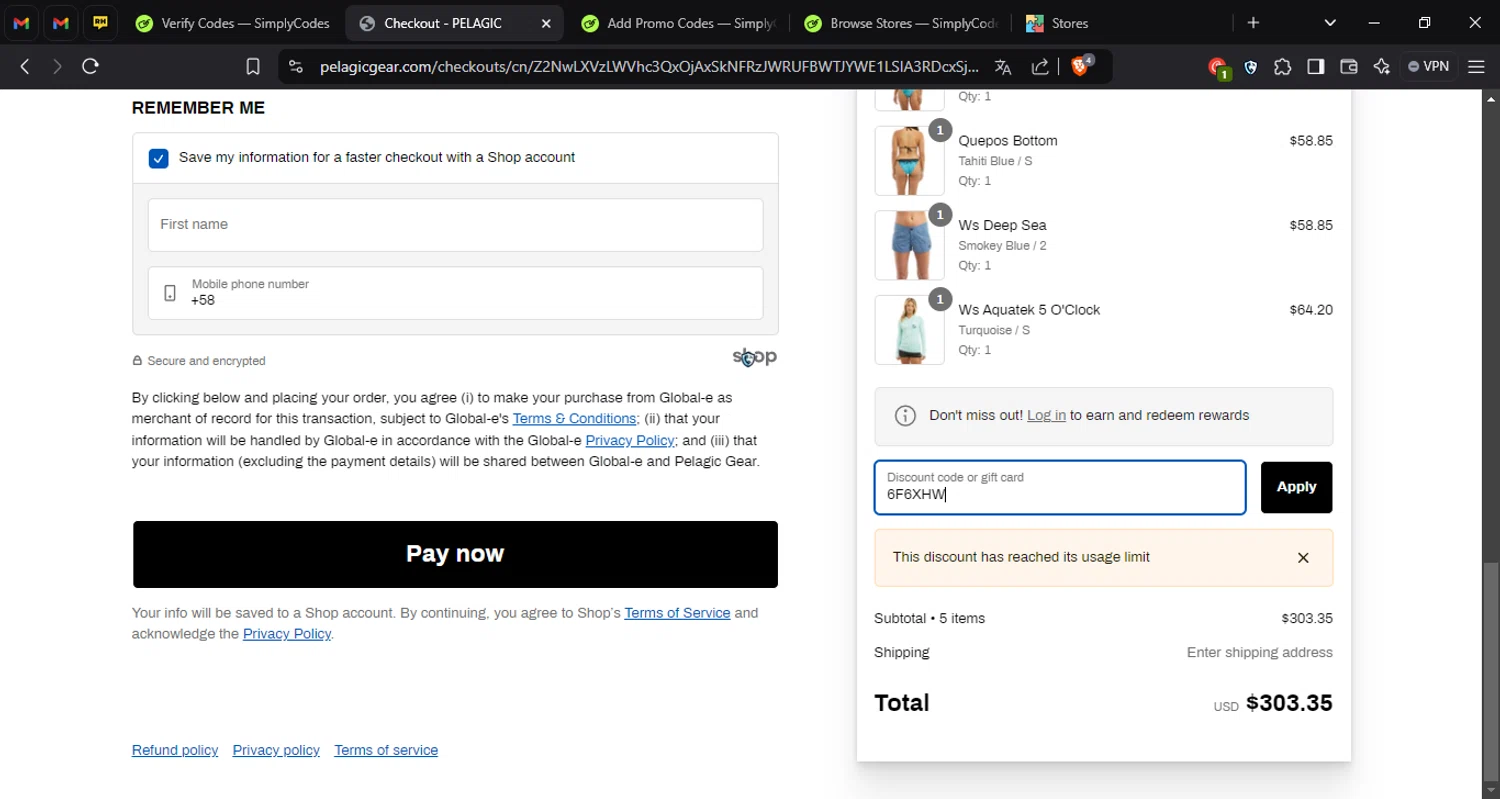 Pelagic Gear checkout page showing Pelagic Gear promo code box | Screenshot taken by SimplyCodes community member on Nov 11, 2024