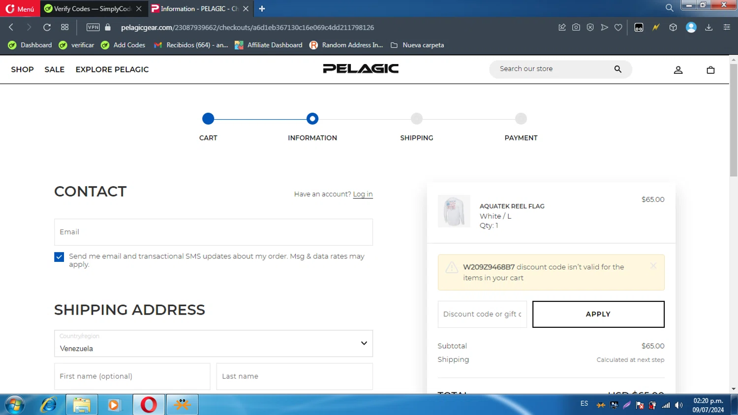 Pelagic Gear checkout page showing Pelagic Gear promo code box | Screenshot taken by SimplyCodes community member on Jul 9, 2024