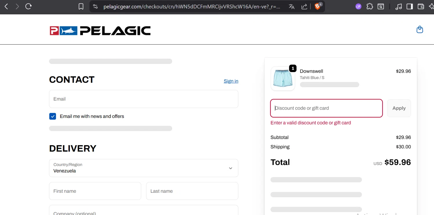 Pelagic Gear promo code screenshot showing code EARLY60 applied at Pelagic Gear checkout page. Uploaded by SimplyCodes community member CoinOwl5103 on Nov 23, 2025