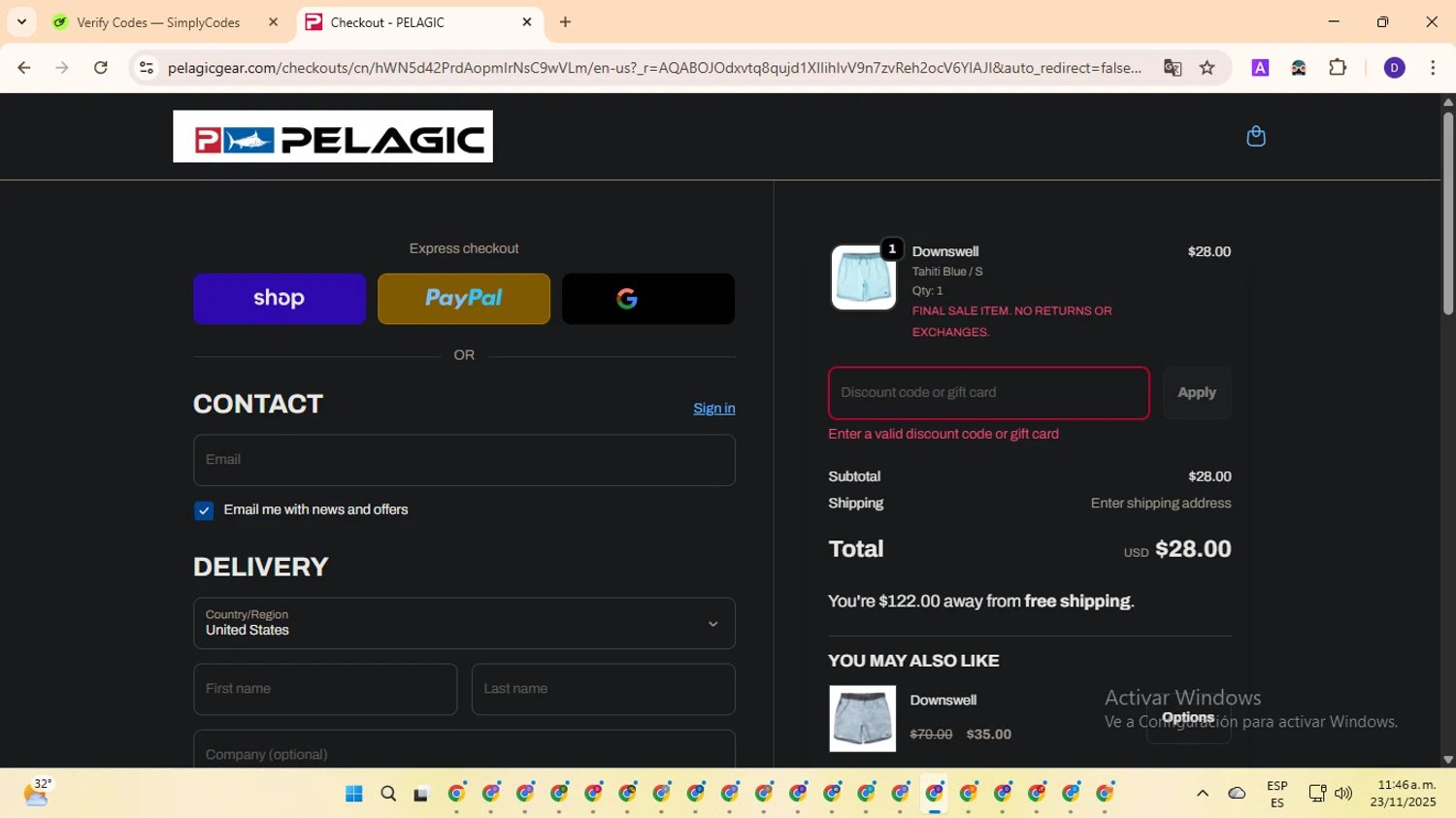 Pelagic Gear promo code screenshot showing code EARLY60 applied at Pelagic Gear checkout page. Uploaded by SimplyCodes community member MagnificentFinder9583 on Nov 23, 2025