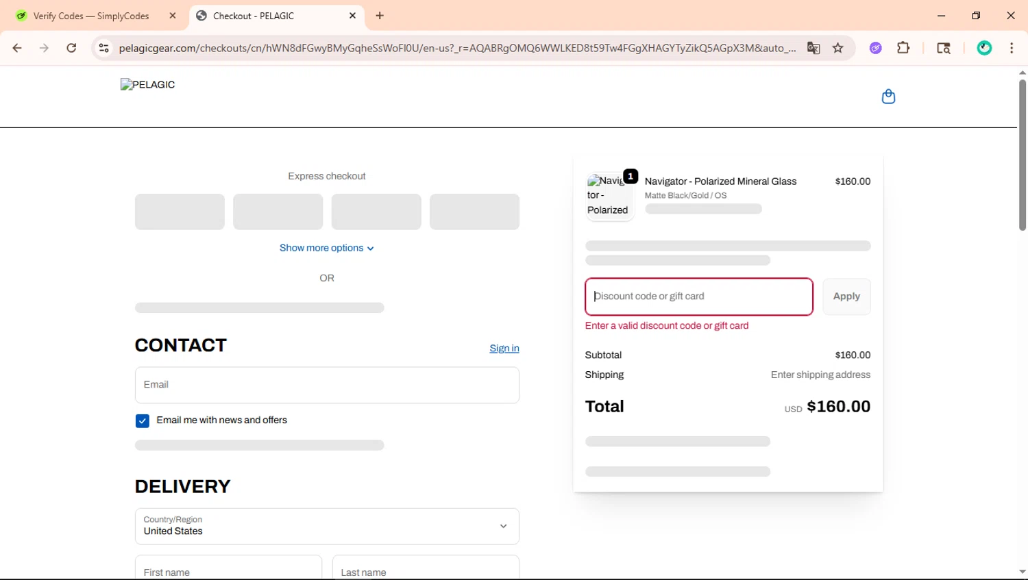Pelagic Gear promo code screenshot showing code EARLY60 applied at Pelagic Gear checkout page. Uploaded by SimplyCodes community member ShieldLegend9691 on Feb 10, 2026