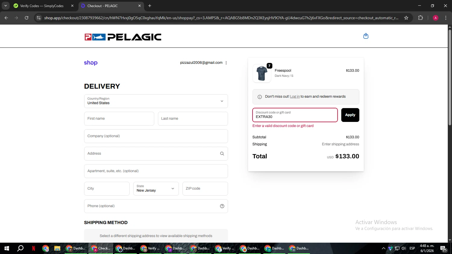 Pelagic Gear promo code screenshot showing code EXTRA30 applied at Pelagic Gear checkout page. Uploaded by SimplyCodes community member BMWGS1200 on Jan 6, 2026