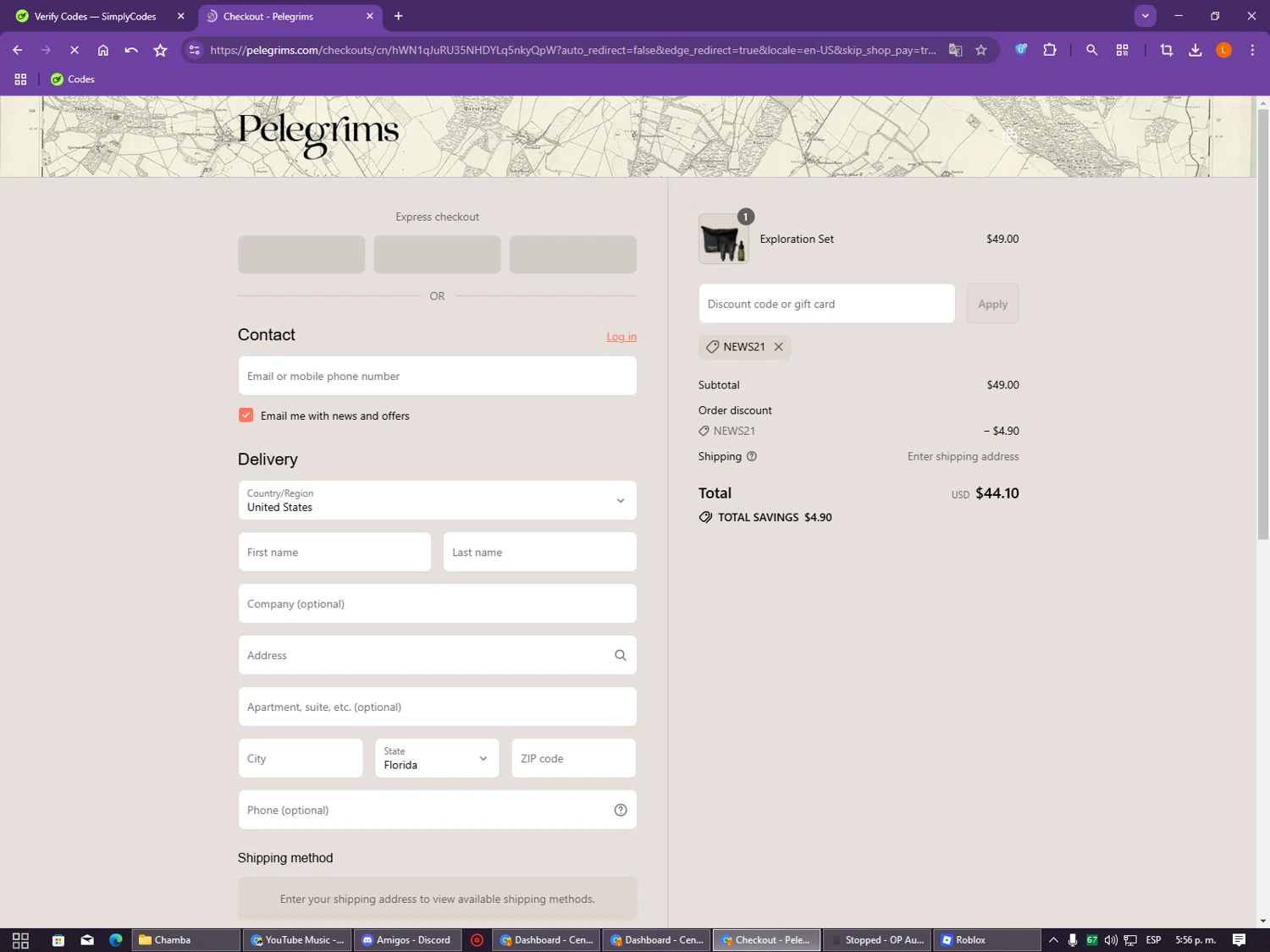 Pelegrims promo code screenshot showing code NEWS21 applied at Pelegrims checkout page. Uploaded by SimplyCodes community member CleverCollector2986 on Aug 15, 2025