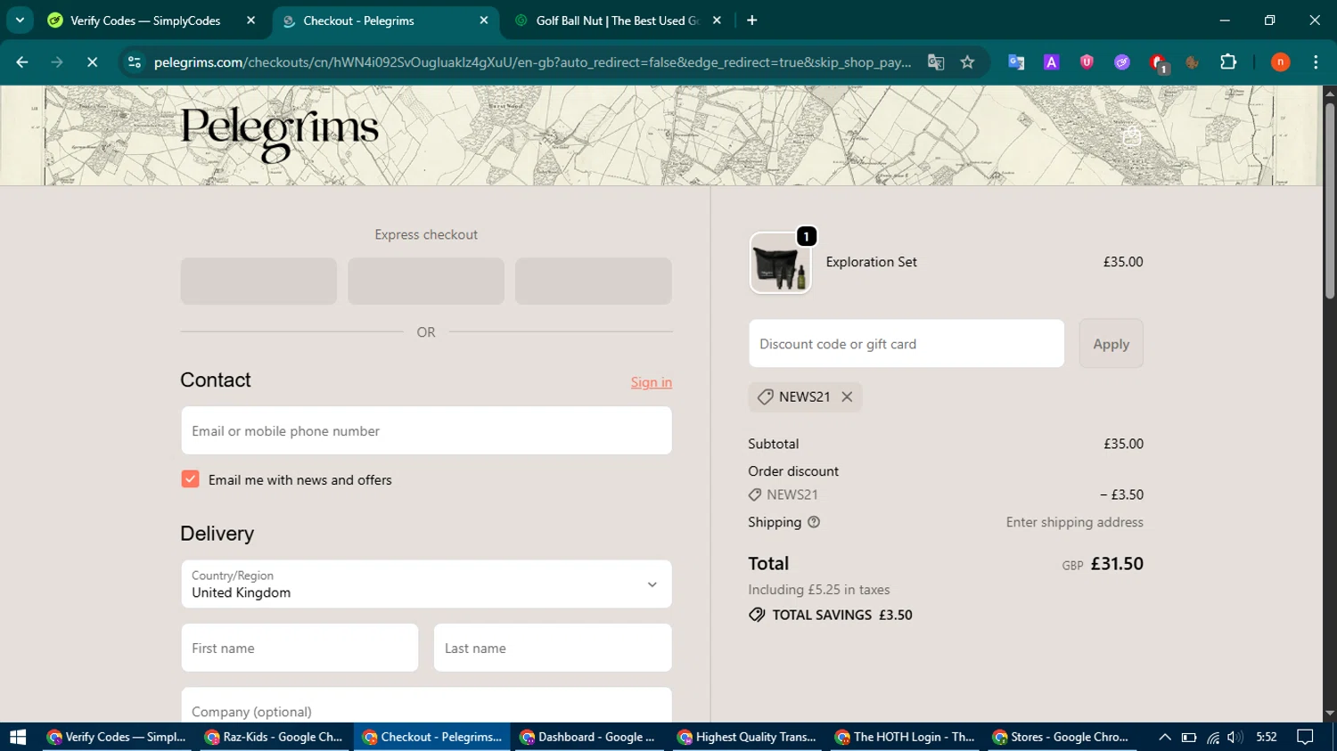 Pelegrims promo code screenshot showing code NEWS21 applied at Pelegrims checkout page. Uploaded by SimplyCodes community member CoinMaven895 on Oct 30, 2025
