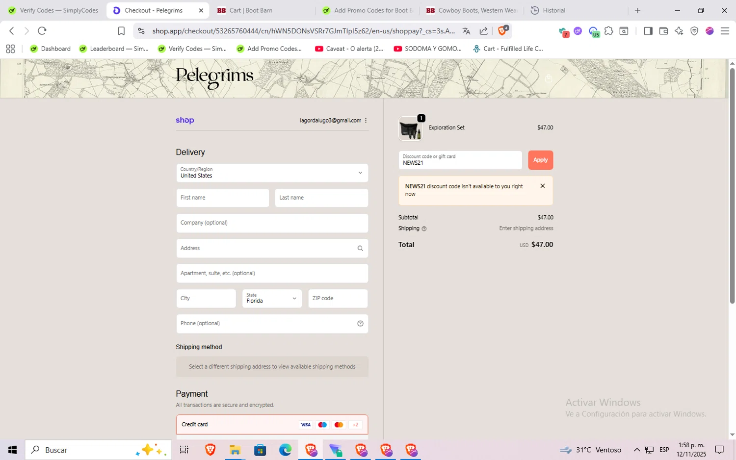 Pelegrims promo code screenshot showing code NEWS21 applied at Pelegrims checkout page. Uploaded by SimplyCodes community member Rayyyyyy on Nov 12, 2025