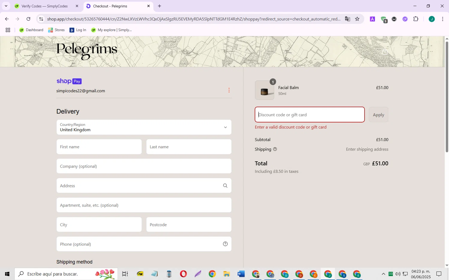 Pelegrims promo code screenshot showing code FIRST25 applied at Pelegrims checkout page. Uploaded by SimplyCodes community member SarayH on Jun 6, 2025